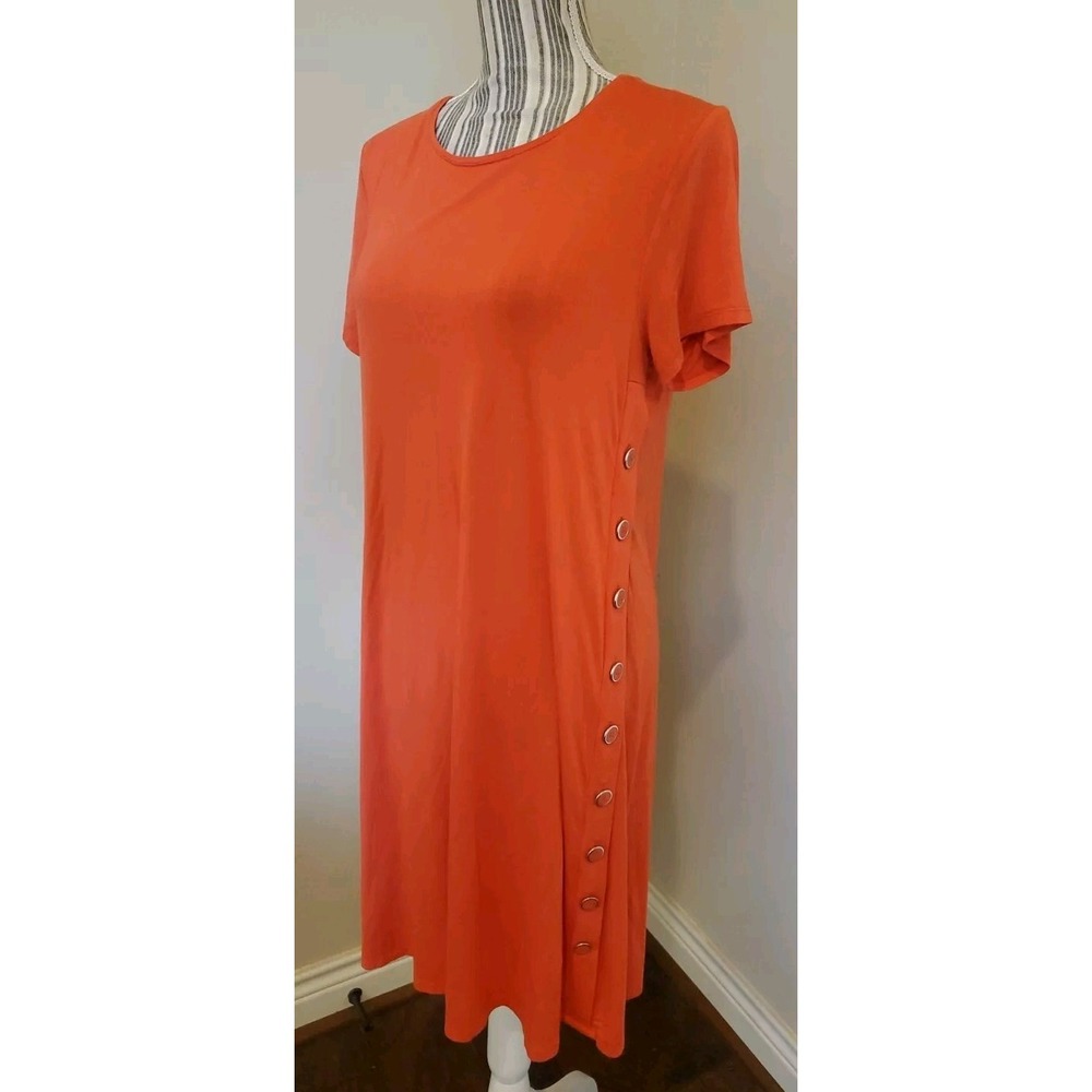 Spence Womens Large T- Shirt Knit Dress Coral Short Sleeves Midi‎ Side Buttons